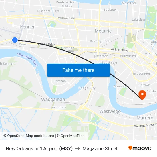 New Orleans Int'l Airport (MSY) to Magazine Street map