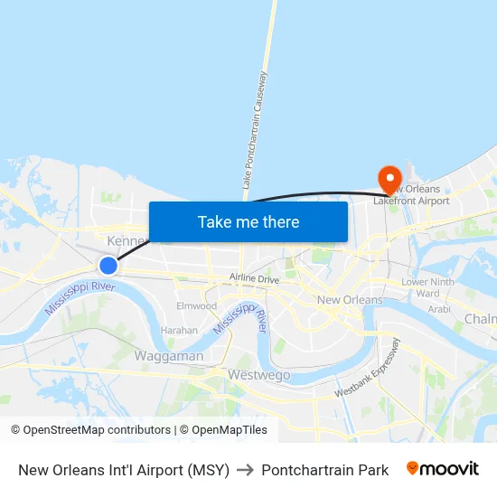 New Orleans Int'l Airport (MSY) to Pontchartrain Park map