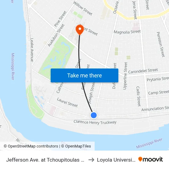 Jefferson Ave. at Tchoupitoulas St. to Loyola University map