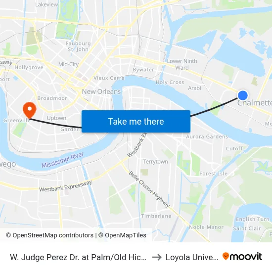 W. Judge Perez Dr. at Palm/Old Hickory Ave. to Loyola University map