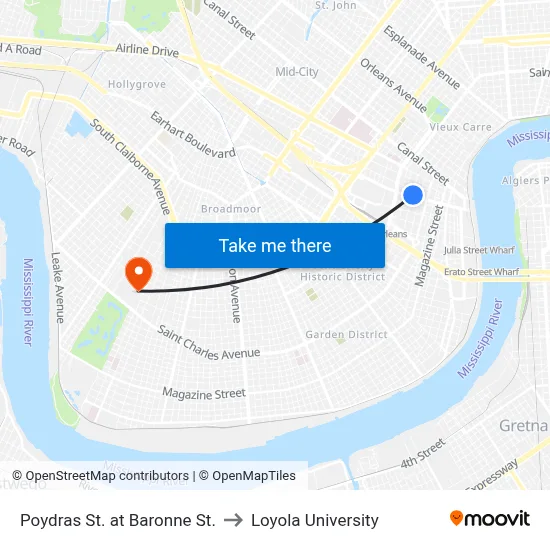 Poydras St. at Baronne St. to Loyola University map