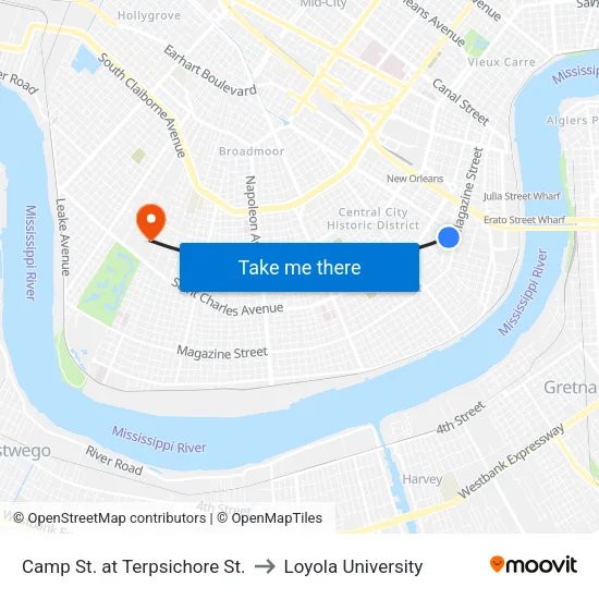Camp St. at Terpsichore St. to Loyola University map