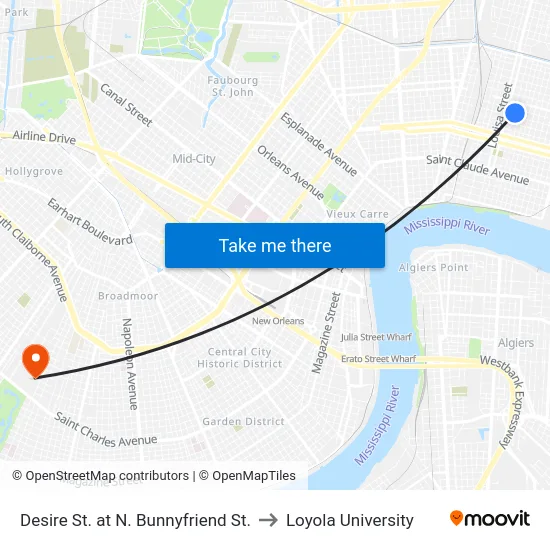 Desire St. at N. Bunnyfriend St. to Loyola University map