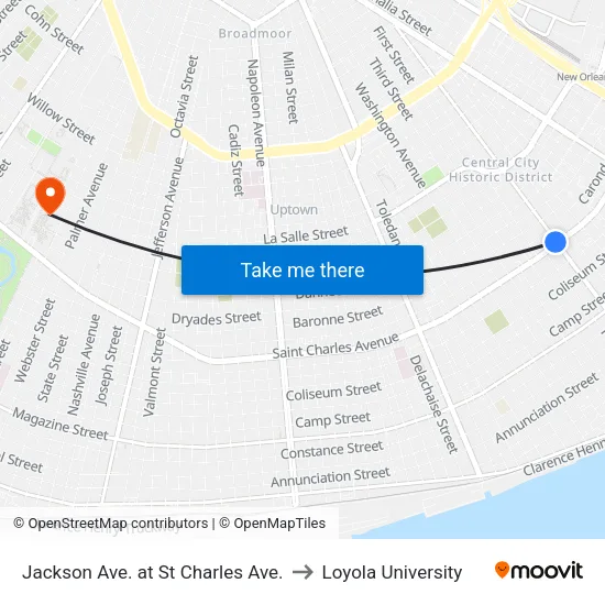 Jackson Ave. at St Charles Ave. to Loyola University map