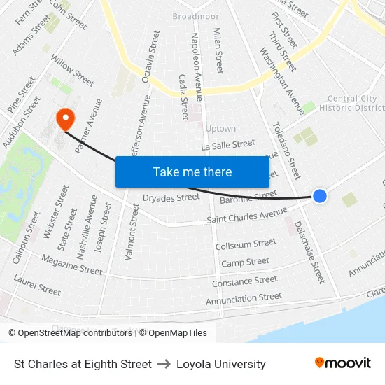St Charles at Eighth Street to Loyola University map