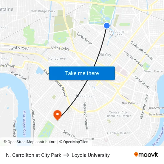 N. Carrollton at City Park to Loyola University map