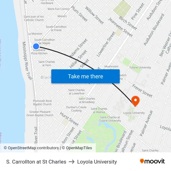 S. Carrollton Ave at St Charles Ave to Loyola University map
