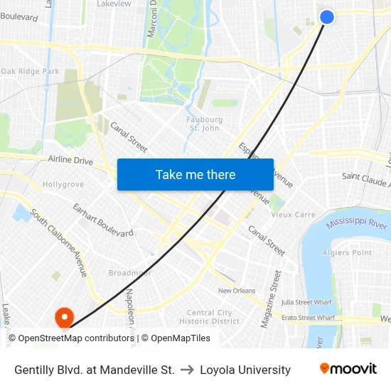 Gentilly Blvd. at Mandeville St. to Loyola University map