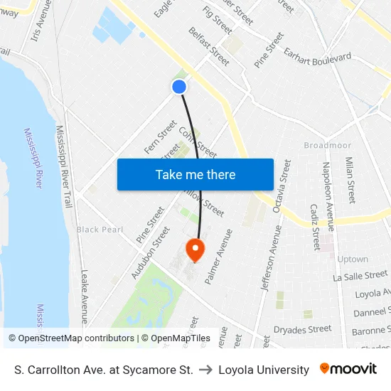 S. Carrollton Ave. at Sycamore St. to Loyola University map
