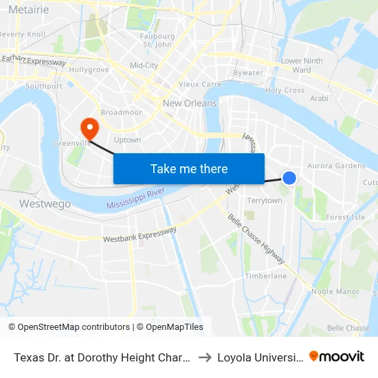 Texas Dr. at Dorothy Height Charter to Loyola University map