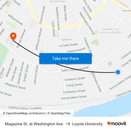Magazine St. at Washington Ave. to Loyola University map