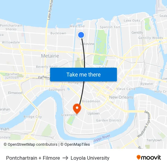 Pontchartrain + Filmore to Loyola University map