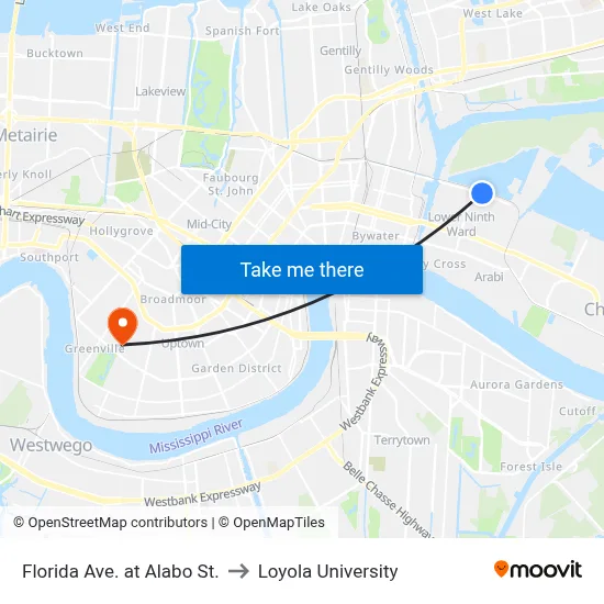 Florida Ave. at Alabo St. to Loyola University map