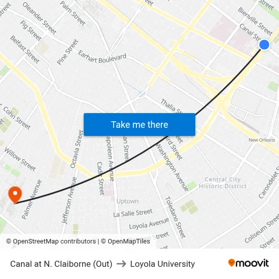 Canal at N. Claiborne (Out) to Loyola University map