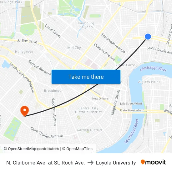 N. Claiborne Ave. at St. Roch Ave. to Loyola University map