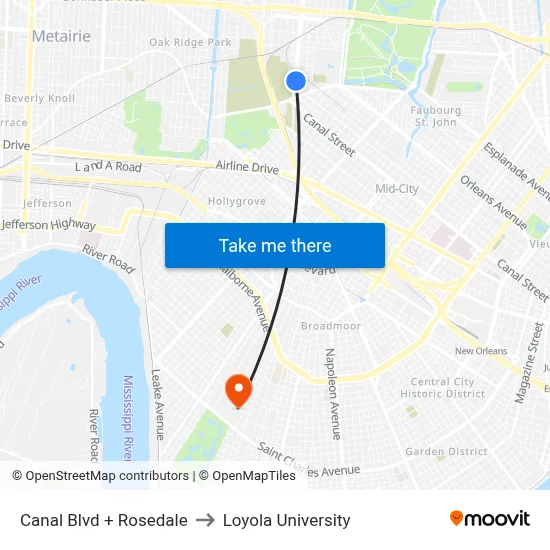 Canal Blvd + Rosedale to Loyola University map