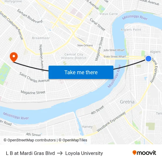 L B at Mardi Gras Blvd to Loyola University map
