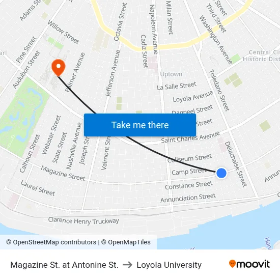 Magazine St. at Antonine St. to Loyola University map