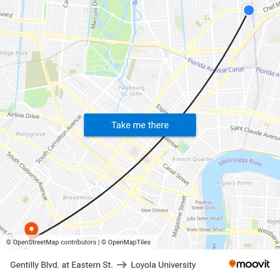 Gentilly Blvd. at Eastern St. to Loyola University map