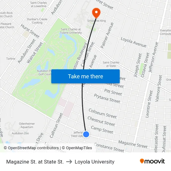 Magazine St. at State St. to Loyola University map
