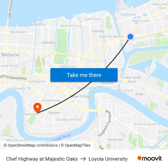 Chef Highway at Majestic Oaks to Loyola University map