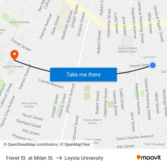 Freret St. at Milan St. to Loyola University map