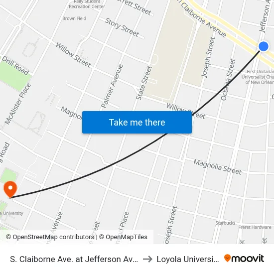 S. Claiborne Ave. at Jefferson Ave. to Loyola University map