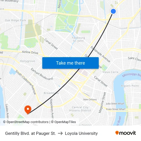 Gentilly Blvd. at Pauger St. to Loyola University map