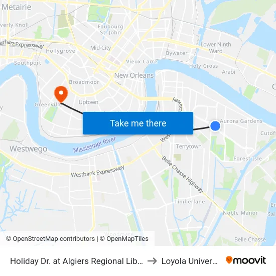 Holiday Dr. at Algiers Regional Library to Loyola University map