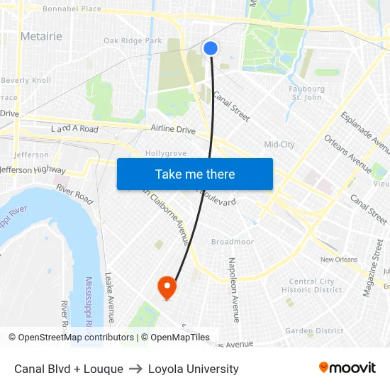 Canal Blvd + Louque to Loyola University map