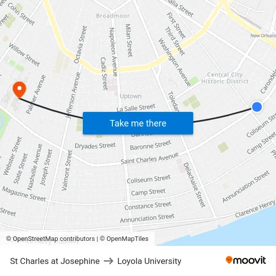 St Charles at Josephine to Loyola University map