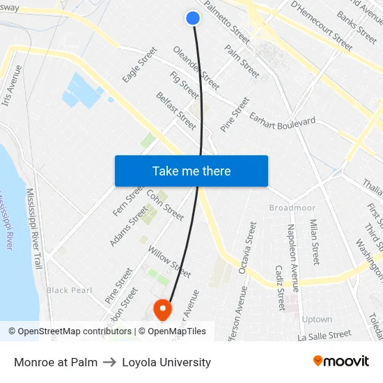Monroe at Palm to Loyola University map
