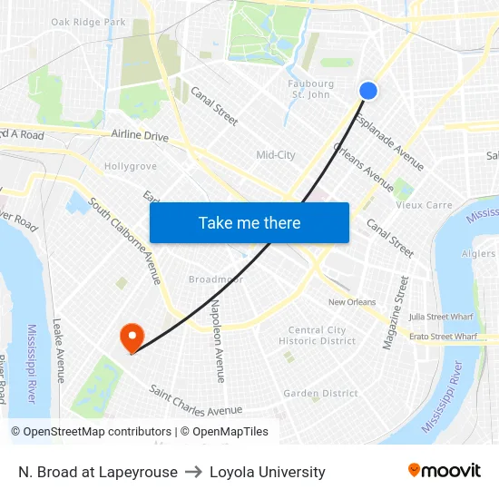 N. Broad at Lapeyrouse to Loyola University map