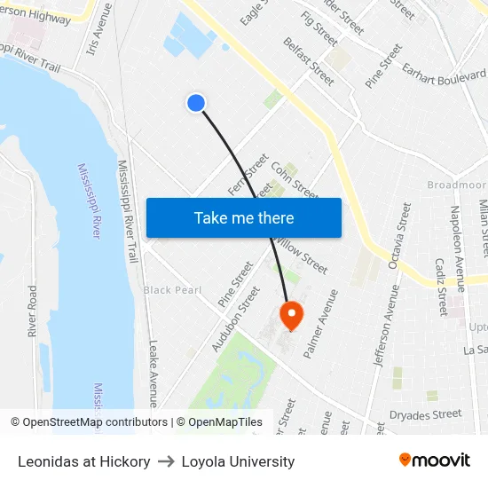 Leonidas at Hickory to Loyola University map