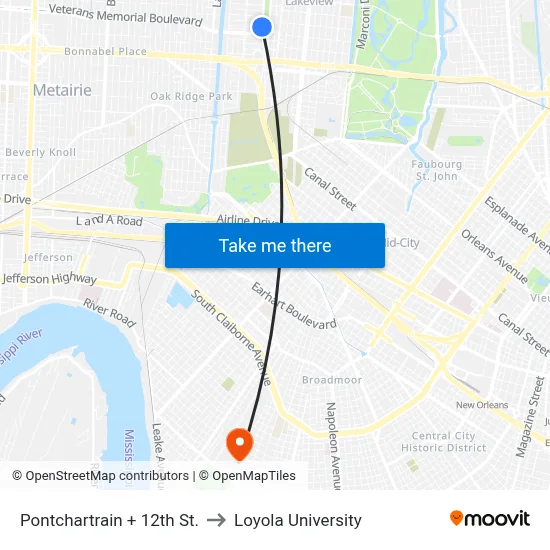 Pontchartrain + 12th St. to Loyola University map