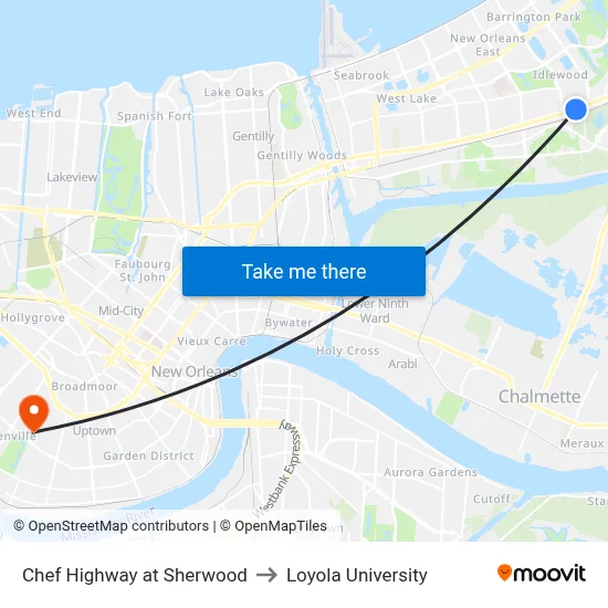 Chef Highway at Sherwood to Loyola University map