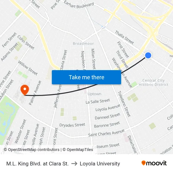 M.L. King Blvd. at Clara St. to Loyola University map