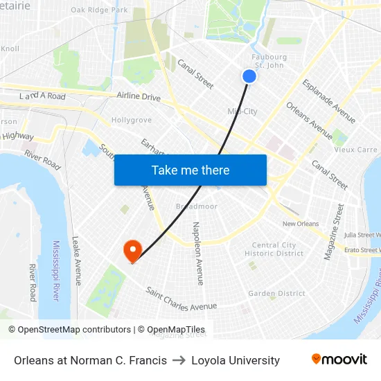 Orleans at Norman C. Francis to Loyola University map