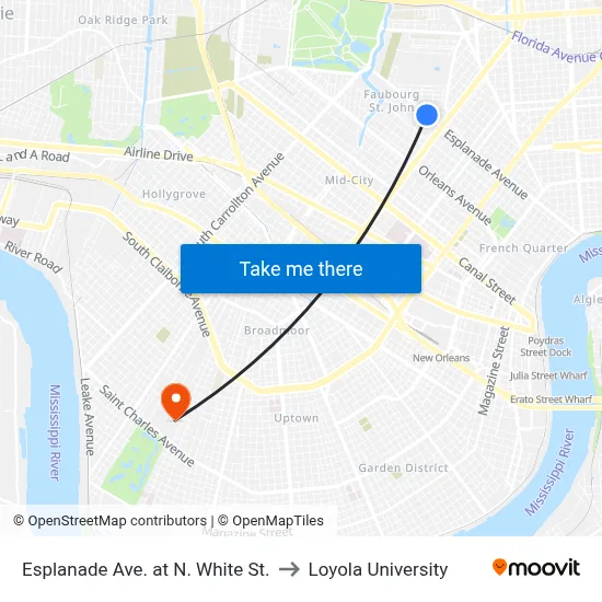 Esplanade Ave. at N. White St. to Loyola University map