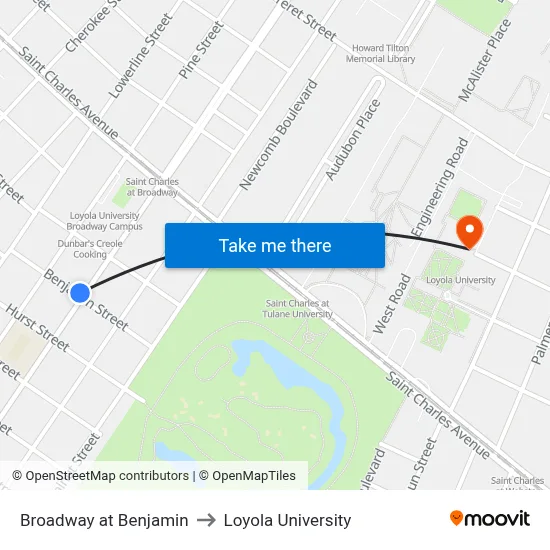 Broadway at Benjamin to Loyola University map