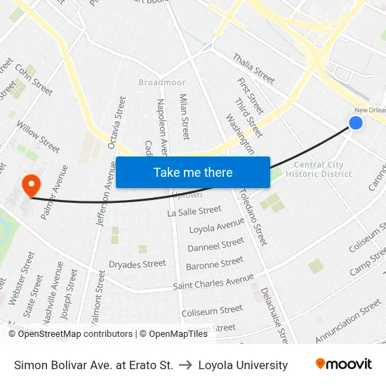 Simon Bolivar Ave. at Erato St. to Loyola University map