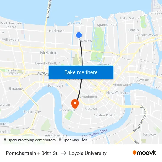 Pontchartrain + 34th St. to Loyola University map