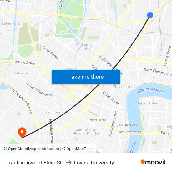 Franklin Ave. at Elder St. to Loyola University map
