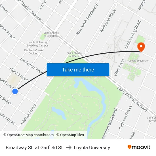 Broadway St. at Garfield St. to Loyola University map