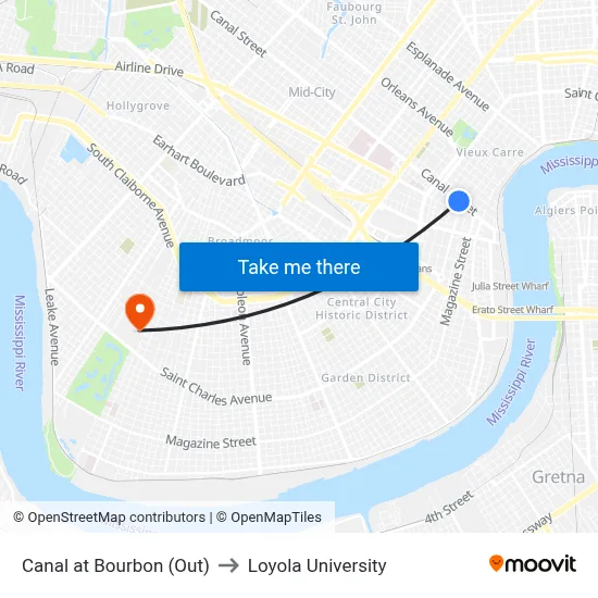 Canal at Bourbon (Out) to Loyola University map