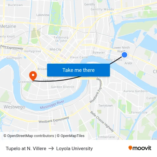 Tupelo at N. Villere to Loyola University map