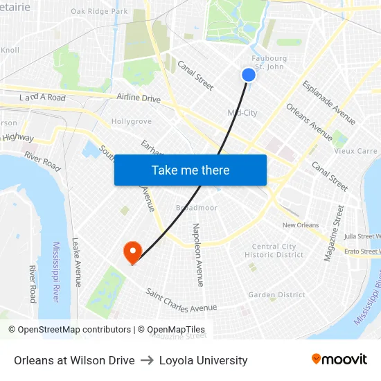 Orleans at Wilson Drive to Loyola University map