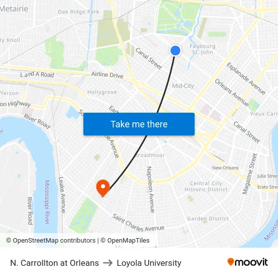 N. Carrollton at Orleans to Loyola University map