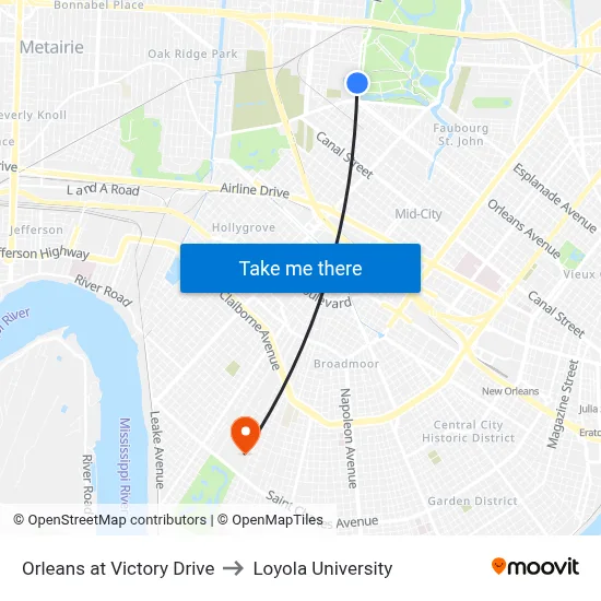 Orleans at Victory Drive to Loyola University map