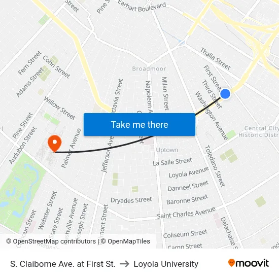 S. Claiborne Ave. at First St. to Loyola University map